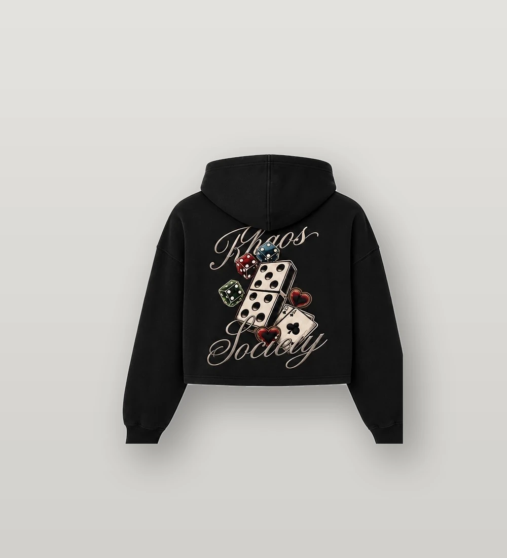 Vista trasera de hoodie negra Khaos Society